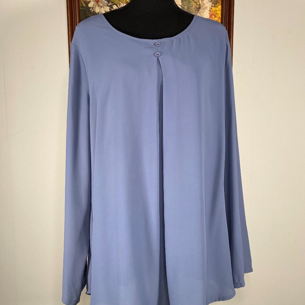 Cestyle Blouse Top Women's XL Crew Neck Blue Lined Roll Tab Sleeve Casual